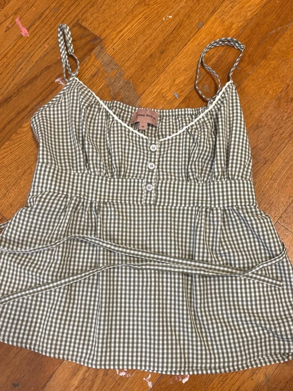 Green Gingham Button-Front Cami Top